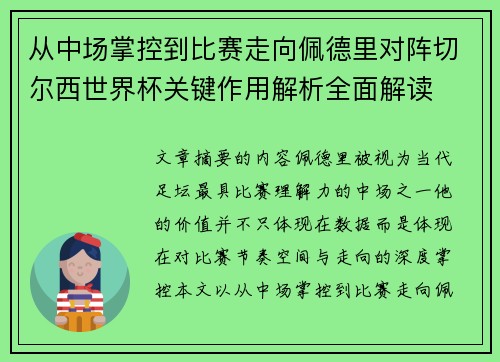 从中场掌控到比赛走向佩德里对阵切尔西世界杯关键作用解析全面解读