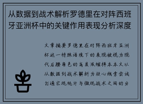 从数据到战术解析罗德里在对阵西班牙亚洲杯中的关键作用表现分析深度