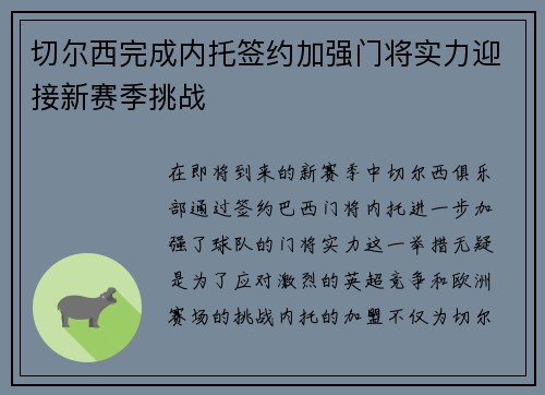 切尔西完成内托签约加强门将实力迎接新赛季挑战