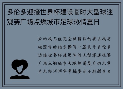 多伦多迎接世界杯建设临时大型球迷观赛广场点燃城市足球热情夏日